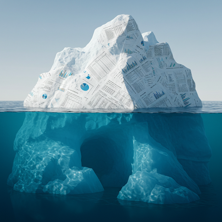 Iceberg of financial reports with most of its mass hidden below the waterline